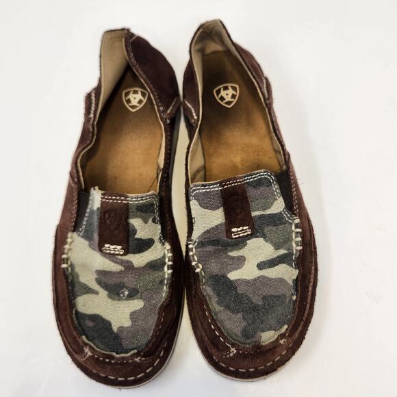 Ariat Cruiser Moc Slip On Shoes Loafer Women Size 7.5B Brown Leather Camo Canvas - Picture 2 of 8